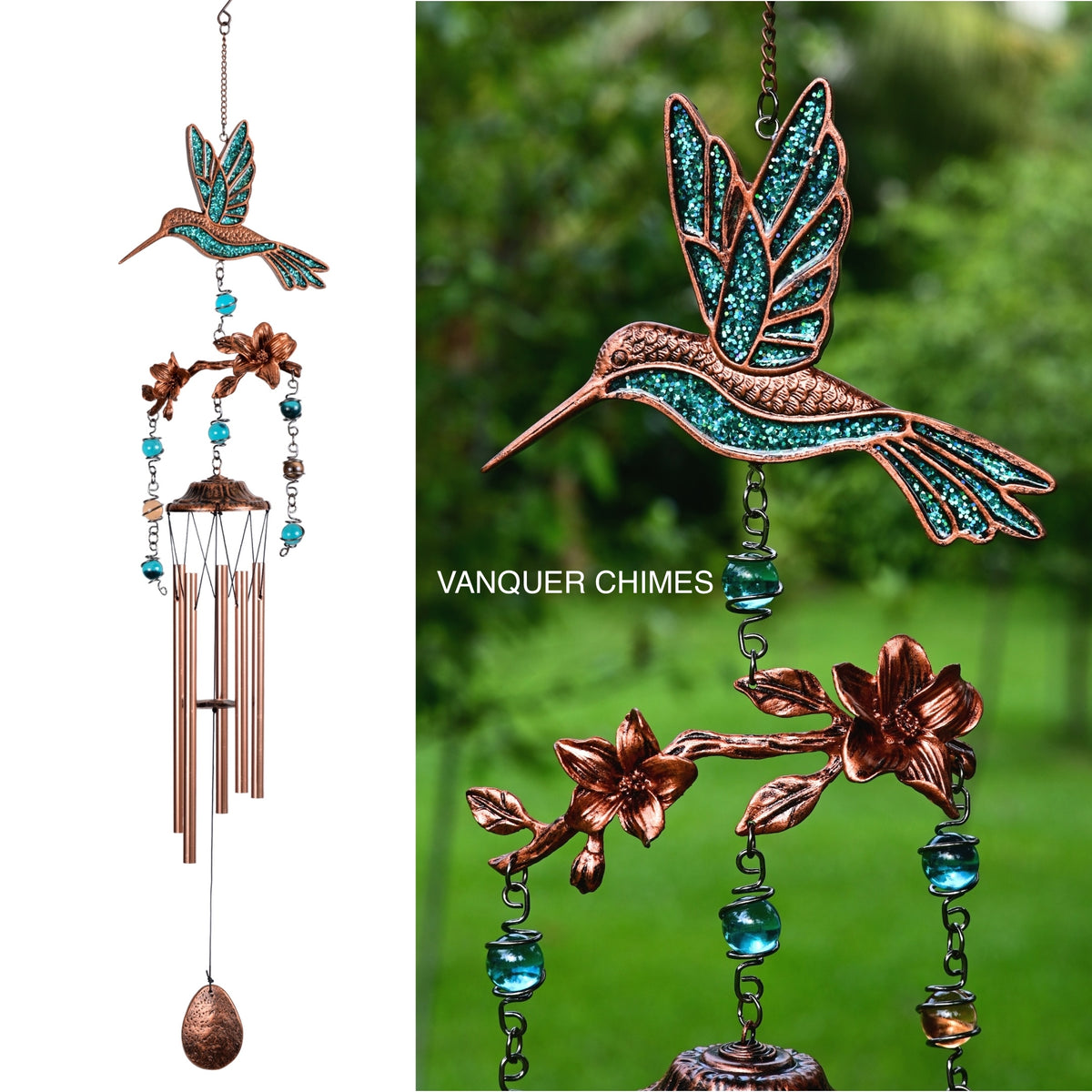 Hummingbird Wind Chimes for Outside | Bring Joy to Your Garden | Gift for Mom | 32" Outdoor Porch Patio Decor | Hummingbird Gifts for Women (Turquoise)