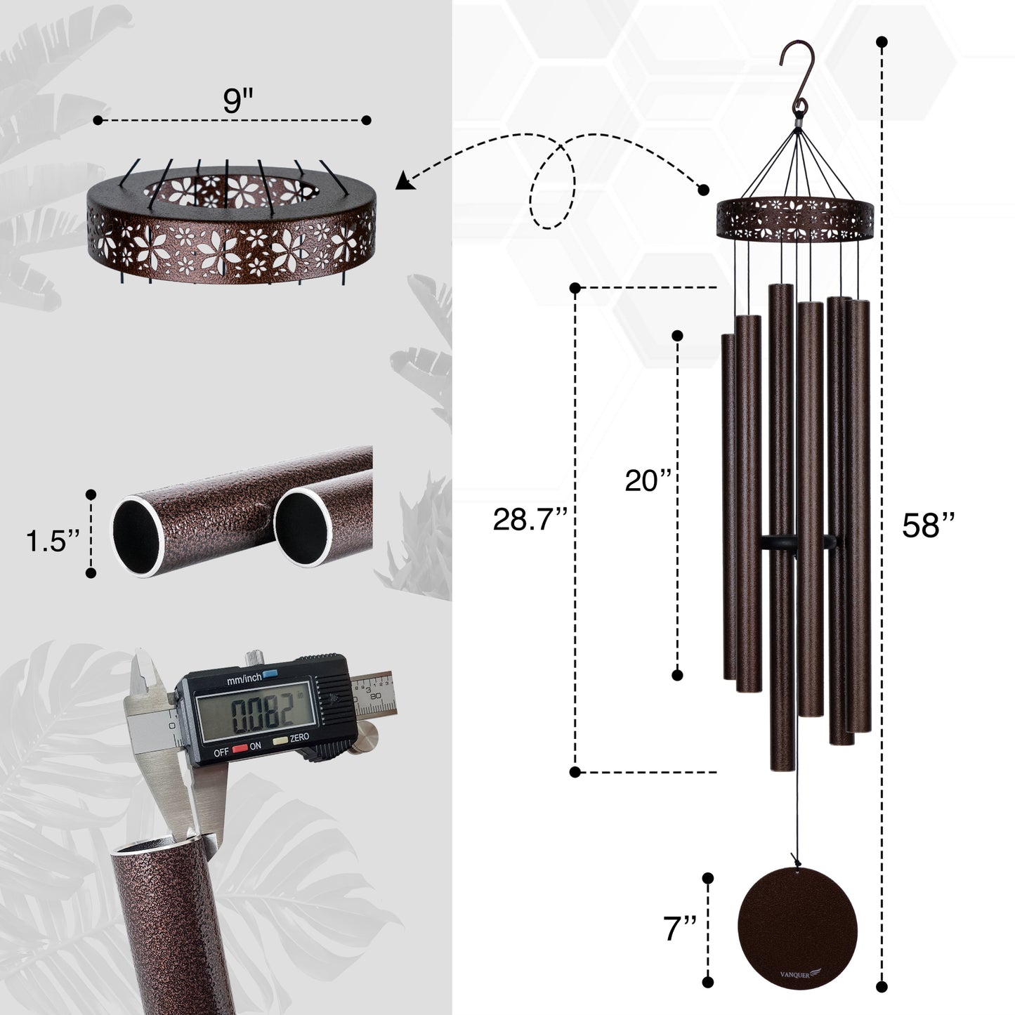 58'' Extra Large Wind Chimes for Outside Deep Tone, Hollow Pattern Designer Chimes, Bronze