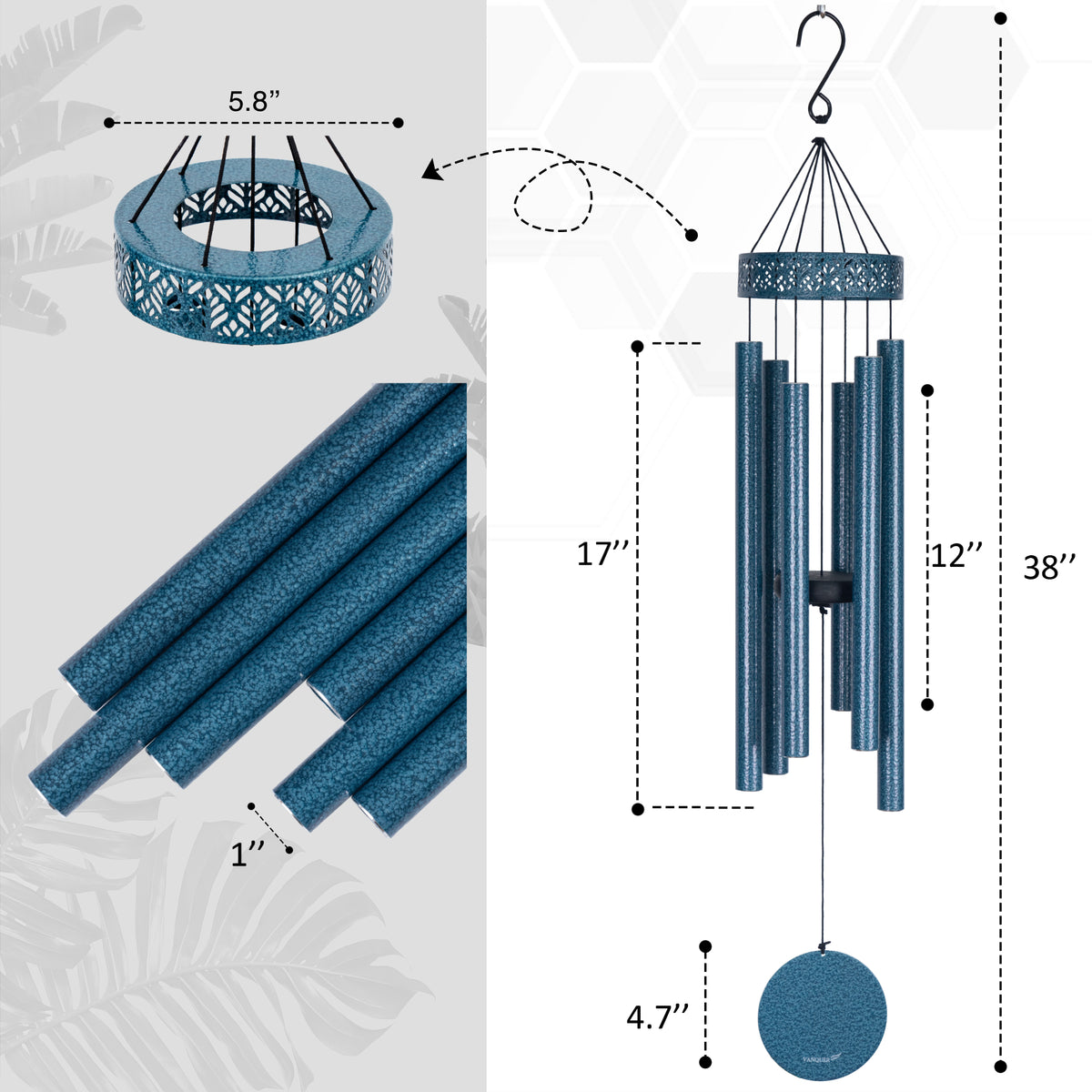 38 in Water Vein Blue Leaf Cut Deep Tone Wind Chime