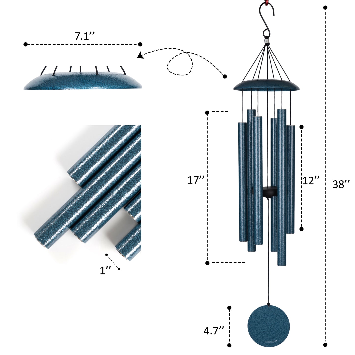 38" Wind Chimes for Outside Deep Tone Pacific Blue