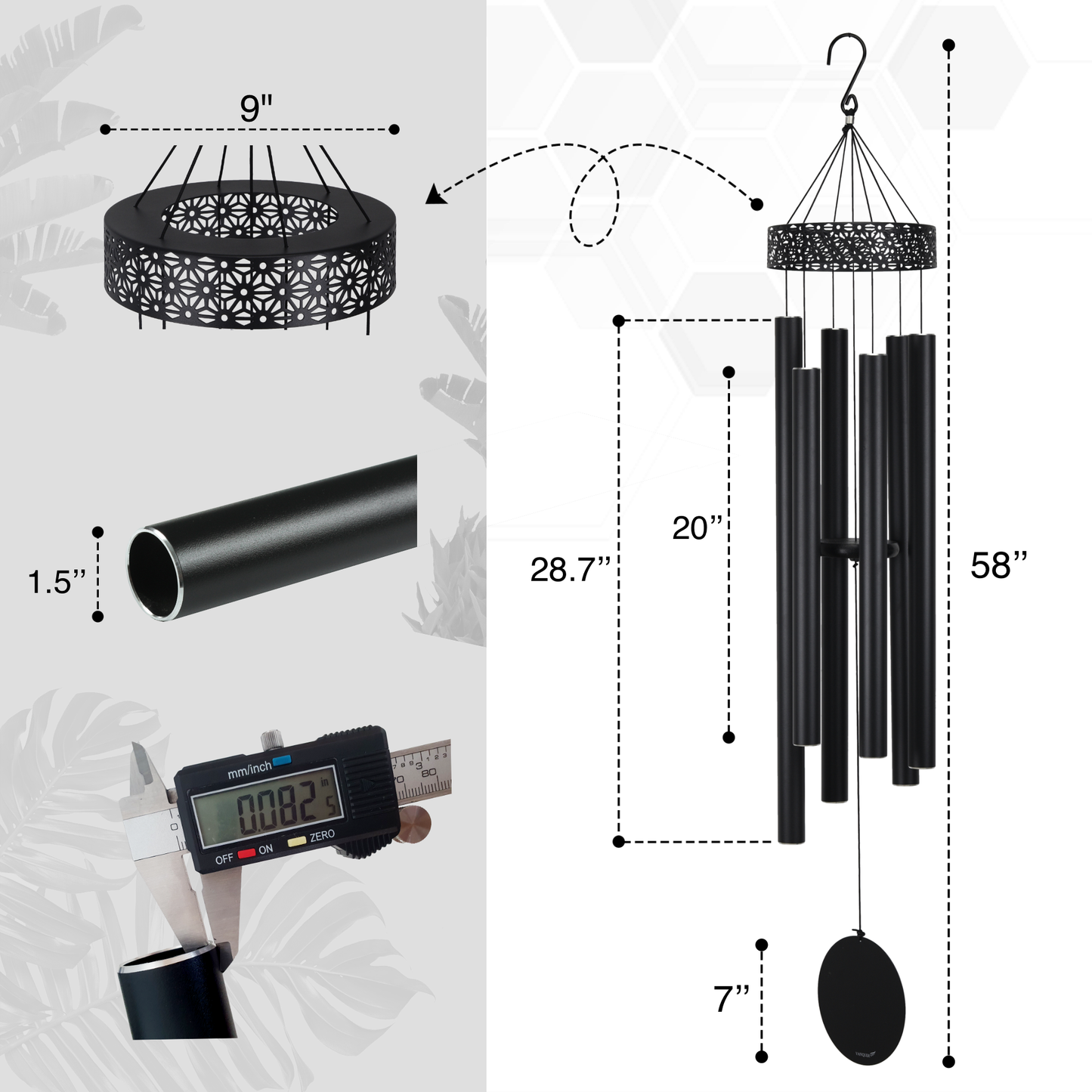58'' Extra Large Wind Chimes for Outside Deep Tone, Hollow Pattern Designer Chimes, Black
