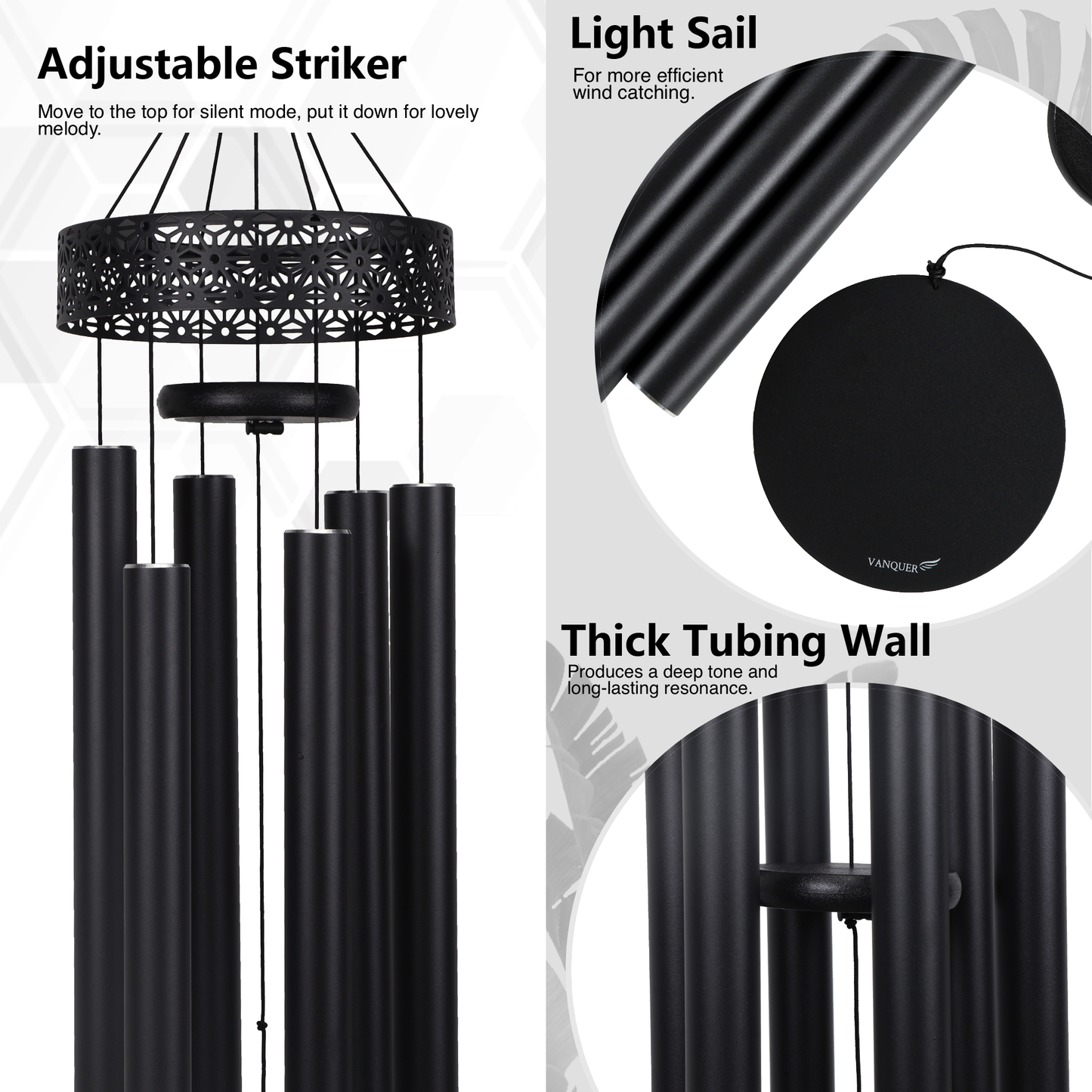 58'' Extra Large Wind Chimes for Outside Deep Tone, Hollow Pattern Designer Chimes, Black