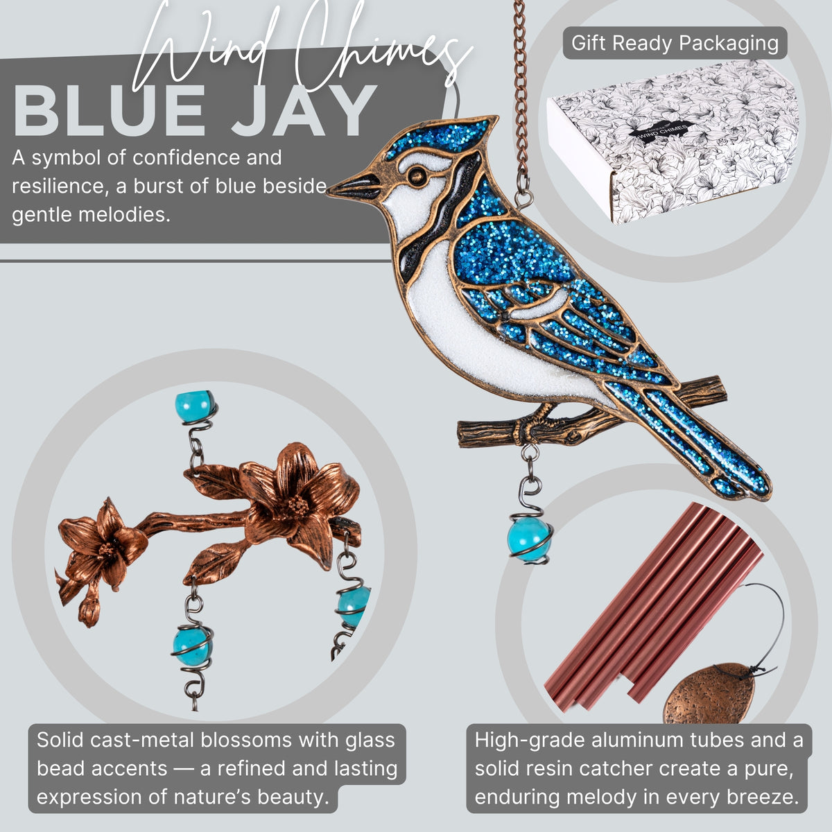 Blue Jay Wind Chimes Gift for Mom | 32" Outdoor Porch Decor | Memorial Sympathy | Mother's Day Gift| BlueJay