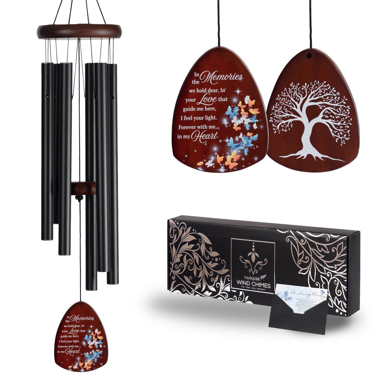 Memorial Wind Chimes for Loss of Loved One, Windchimes in Memory of a Loved One, Sympathy Gift Baskets, Bereavement Condolence Gifts, Memorial Gifts for Loss of Mom, 32" Sympathy Butterfly, Black
