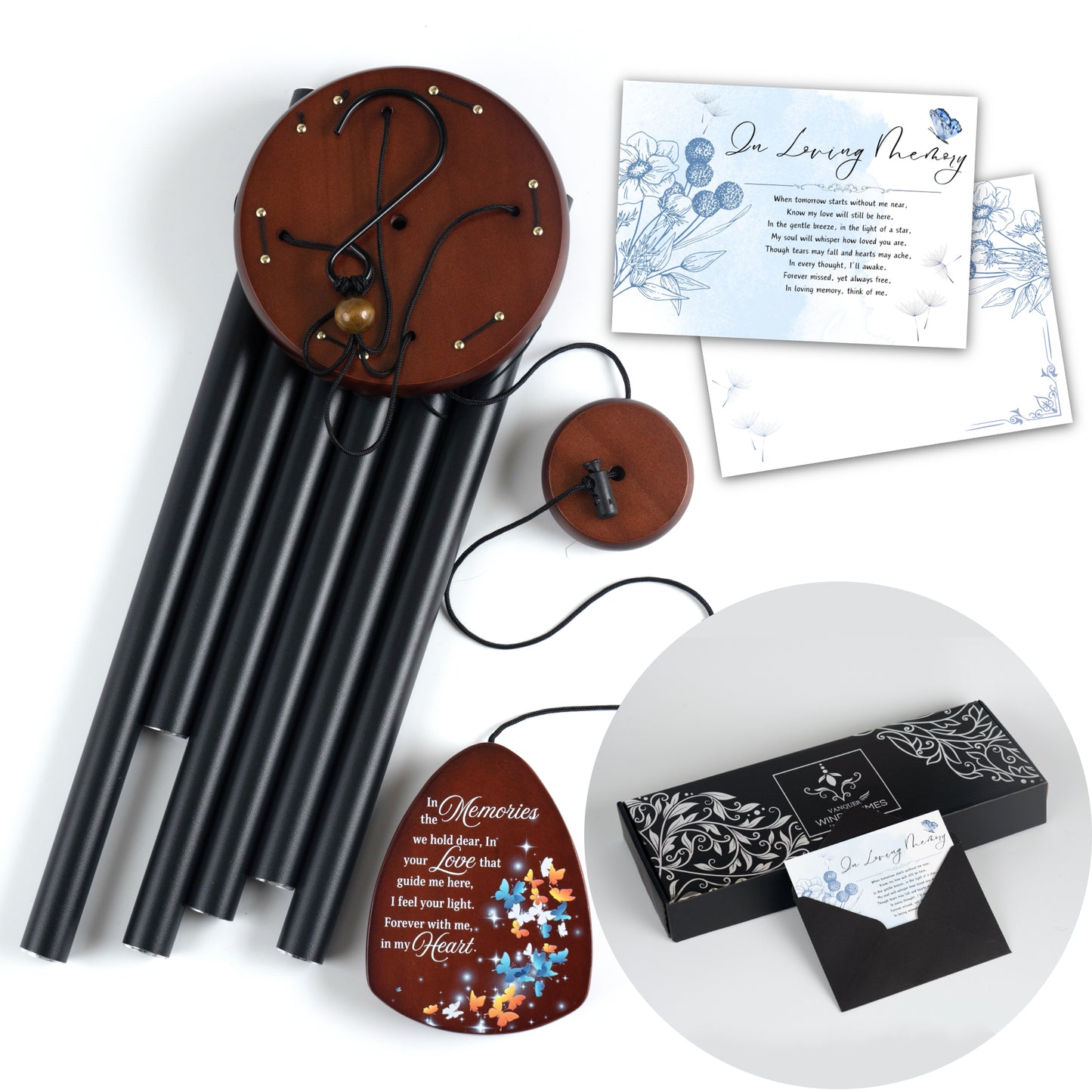 Memorial Wind Chimes for Loss of Loved One, Windchimes in Memory of a Loved One, Sympathy Gift Baskets, Bereavement Condolence Gifts, Memorial Gifts for Loss of Mom, 32" Sympathy Butterfly, Black