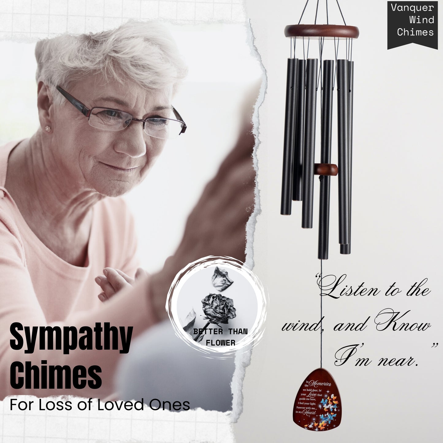 Memorial Wind Chimes for Loss of Loved One, Windchimes in Memory of a Loved One, Sympathy Gift Baskets, Bereavement Condolence Gifts, Memorial Gifts for Loss of Mom, 32" Sympathy Butterfly, Black