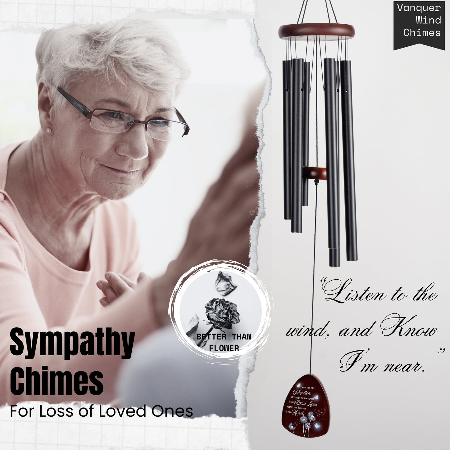 Memorial Wind Chimes for Loss of Loved One, Windchimes in Memory of a Loved One, Sympathy Gift Baskets, Bereavement Condolence Gifts, Memorial Gifts for Loss of Mom, 32" Sympathy Dandelion, Black