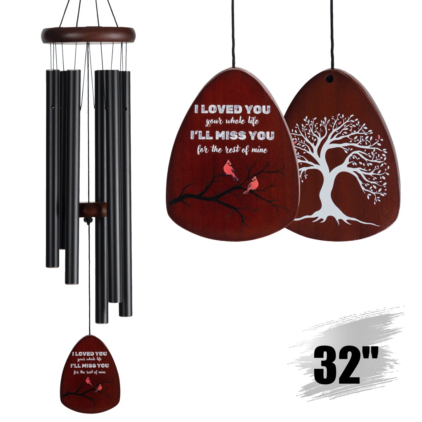 Memorial Wind Chimes for Loss of Loved One, Windchimes in Memory of a Loved One, Sympathy Gift Baskets, Bereavement Condolence Gifts, Memorial Gifts for Loss of Mom, 32" Sympathy Cardinal, Black