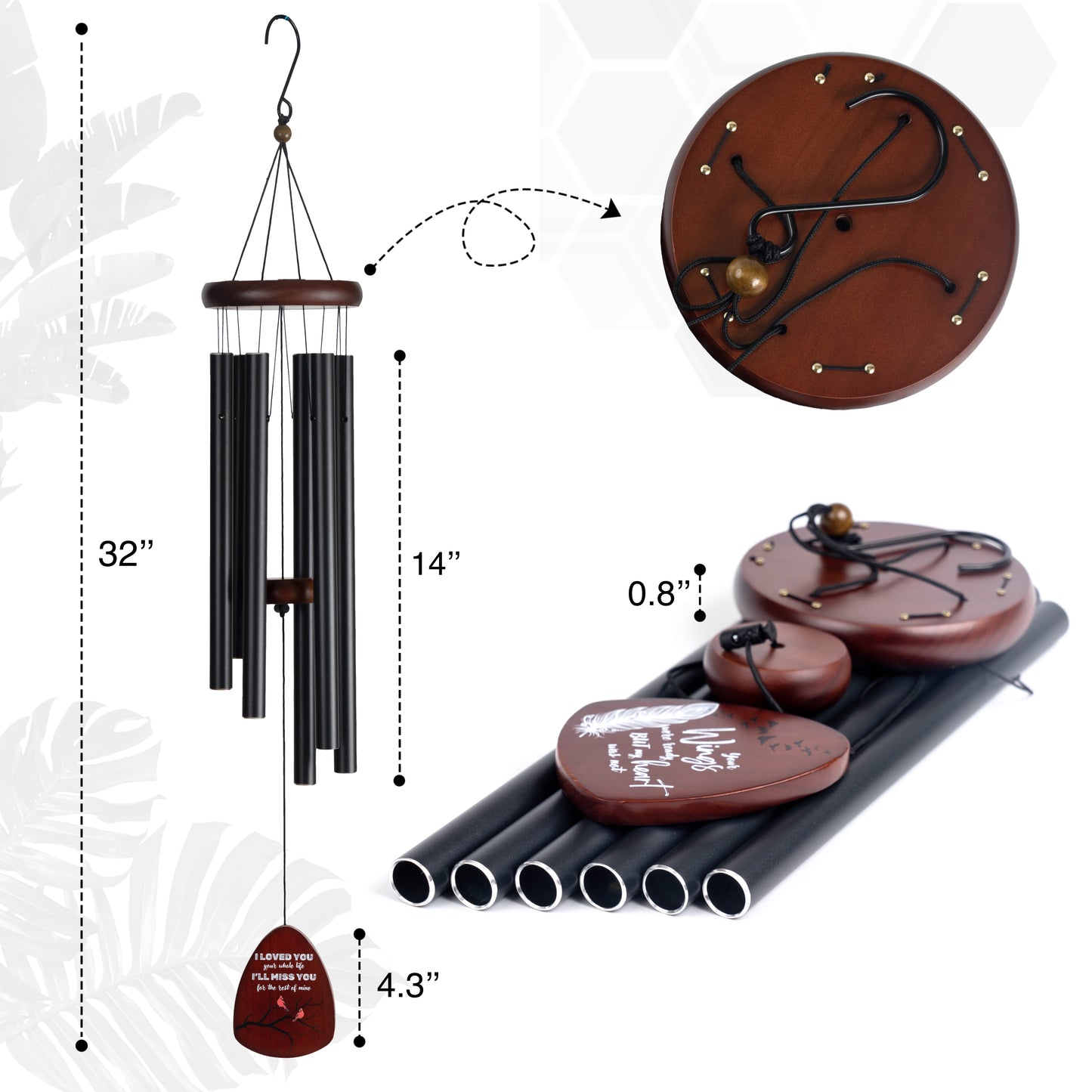 Memorial Wind Chimes for Loss of Loved One, Windchimes in Memory of a Loved One, Sympathy Gift Baskets, Bereavement Condolence Gifts, Memorial Gifts for Loss of Mom, 32" Sympathy Cardinal, Black