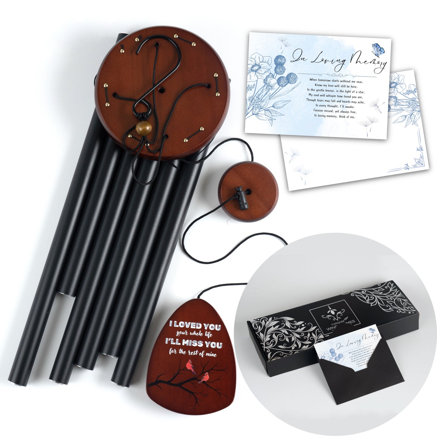 Memorial Wind Chimes for Loss of Loved One, Windchimes in Memory of a Loved One, Sympathy Gift Baskets, Bereavement Condolence Gifts, Memorial Gifts for Loss of Mom, 32" Sympathy Cardinal, Black