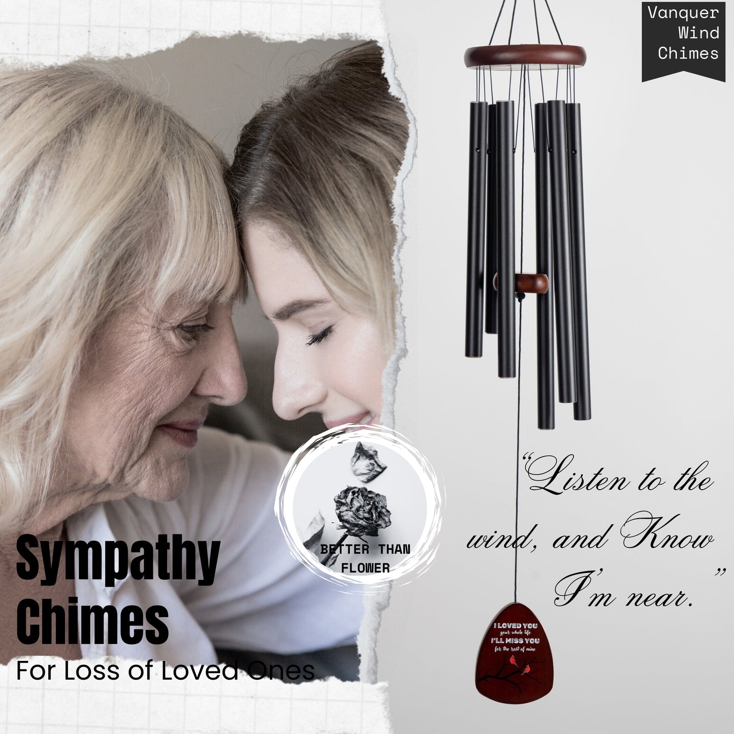 Memorial Wind Chimes for Loss of Loved One, Windchimes in Memory of a Loved One, Sympathy Gift Baskets, Bereavement Condolence Gifts, Memorial Gifts for Loss of Mom, 32" Sympathy Cardinal, Black