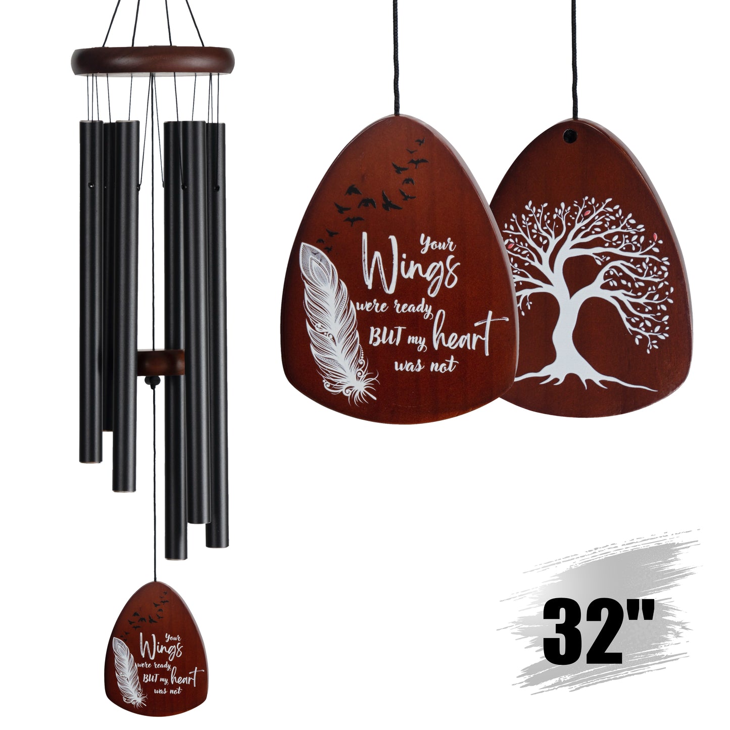 Memorial Wind Chimes for Loss of Loved One, Windchimes in Memory of a Loved One, Sympathy Gift Baskets, Bereavement Condolence Gifts, Memorial Gifts for Loss of Mom, 32" Sympathy Feather, Black