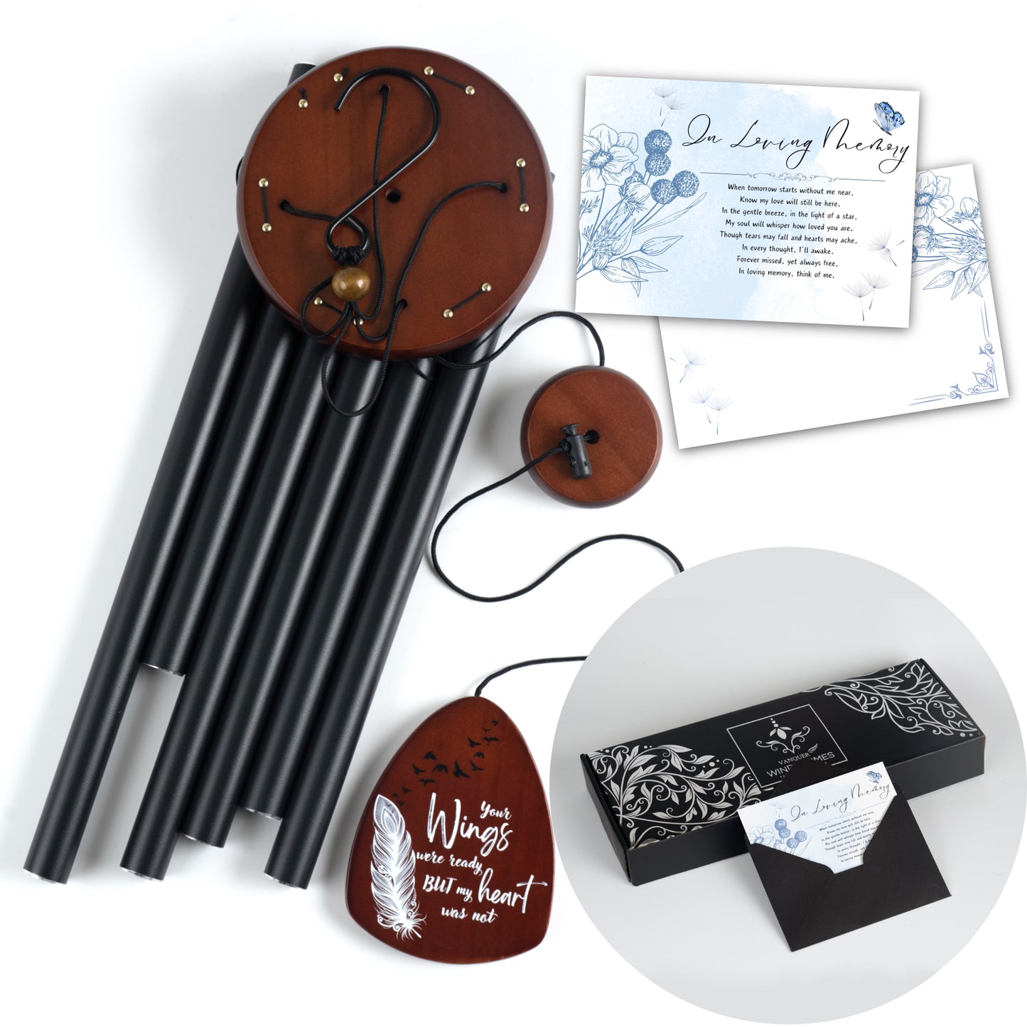 Memorial Wind Chimes for Loss of Loved One, Windchimes in Memory of a Loved One, Sympathy Gift Baskets, Bereavement Condolence Gifts, Memorial Gifts for Loss of Mom, 32" Sympathy Feather, Black
