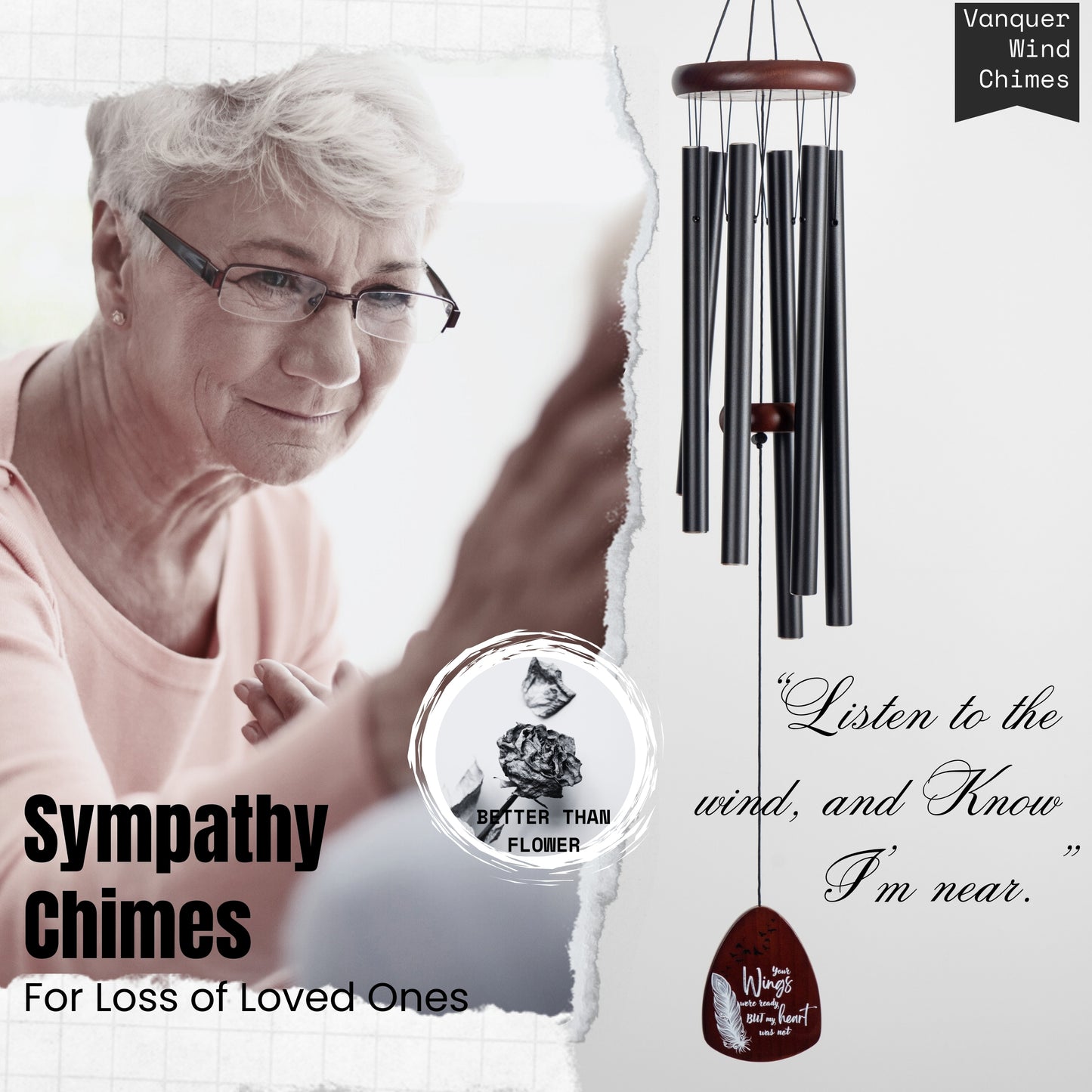 Memorial Wind Chimes for Loss of Loved One, Windchimes in Memory of a Loved One, Sympathy Gift Baskets, Bereavement Condolence Gifts, Memorial Gifts for Loss of Mom, 32" Sympathy Feather, Black