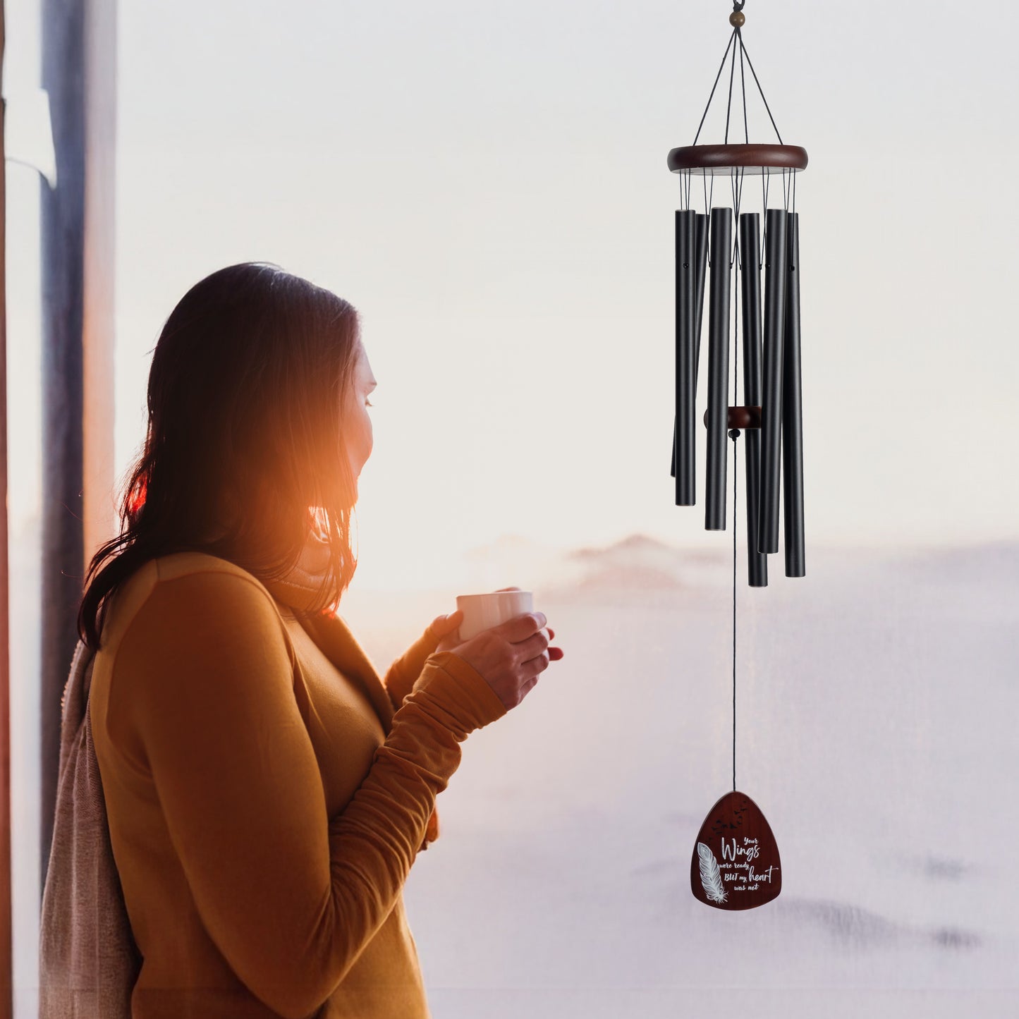 Memorial Wind Chimes for Loss of Loved One, Windchimes in Memory of a Loved One, Sympathy Gift Baskets, Bereavement Condolence Gifts, Memorial Gifts for Loss of Mom, 32" Sympathy Feather, Black