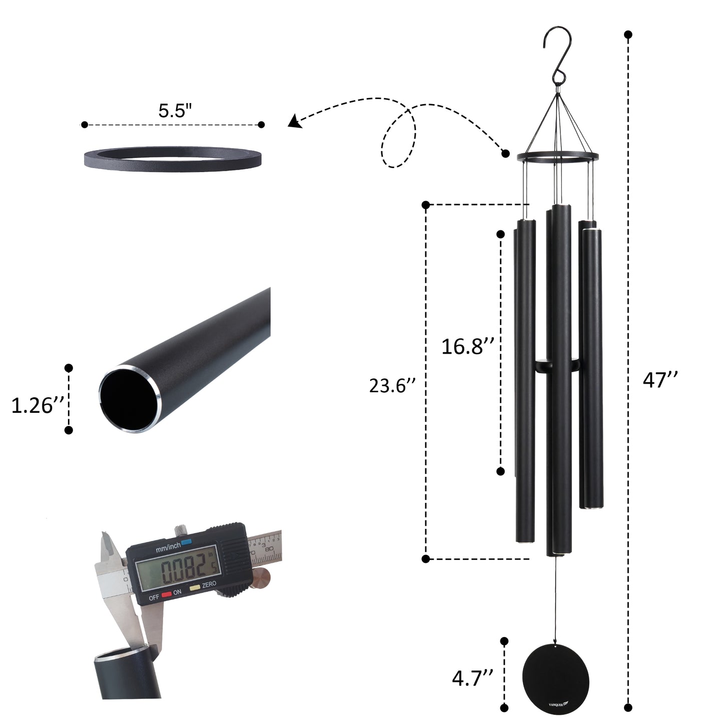 48 in Black Metal Ring Deep Tone Wind Chime