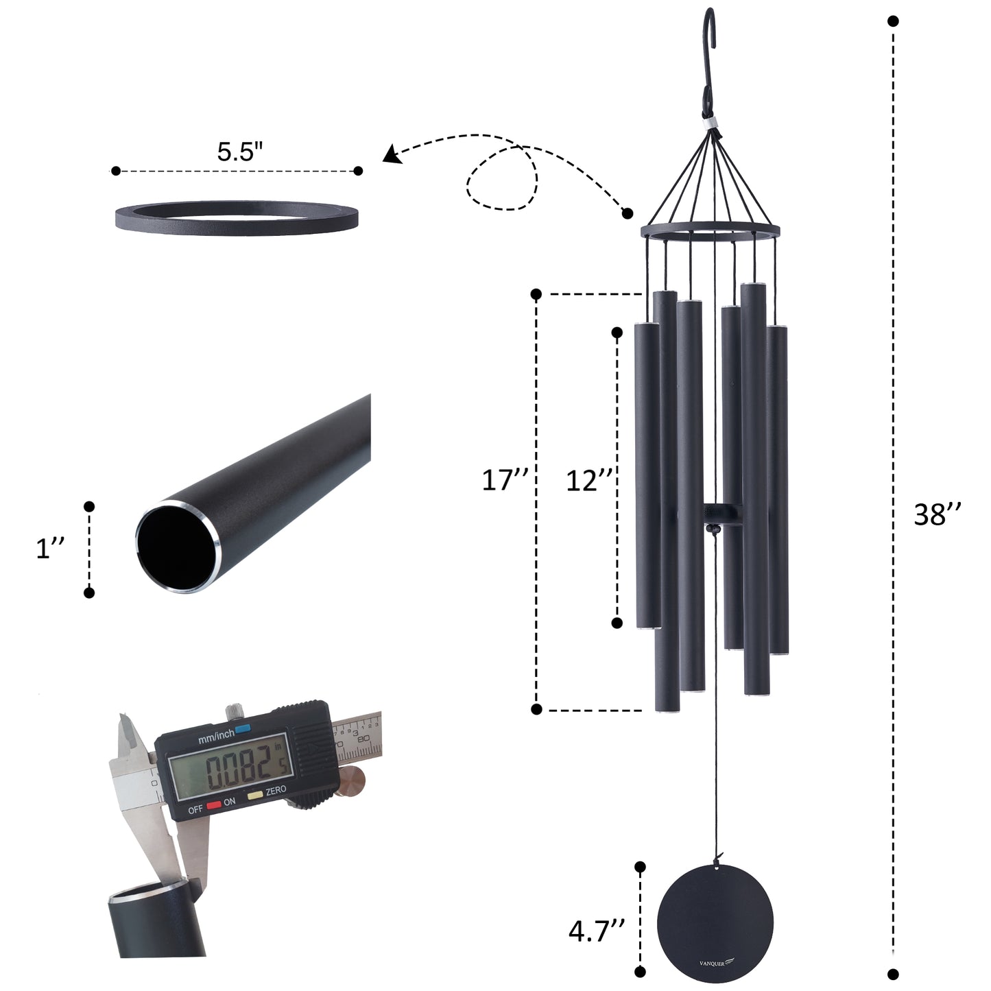 38 in Satin Black Metal Ring Deep Tone Wind Chime