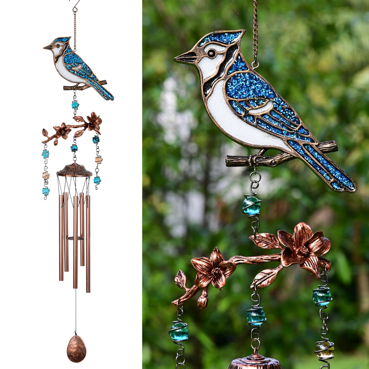 Blue Jay Wind Chimes Gift for Mom | 32" Outdoor Porch Decor | Memorial Sympathy | Mother's Day Gift| BlueJay
