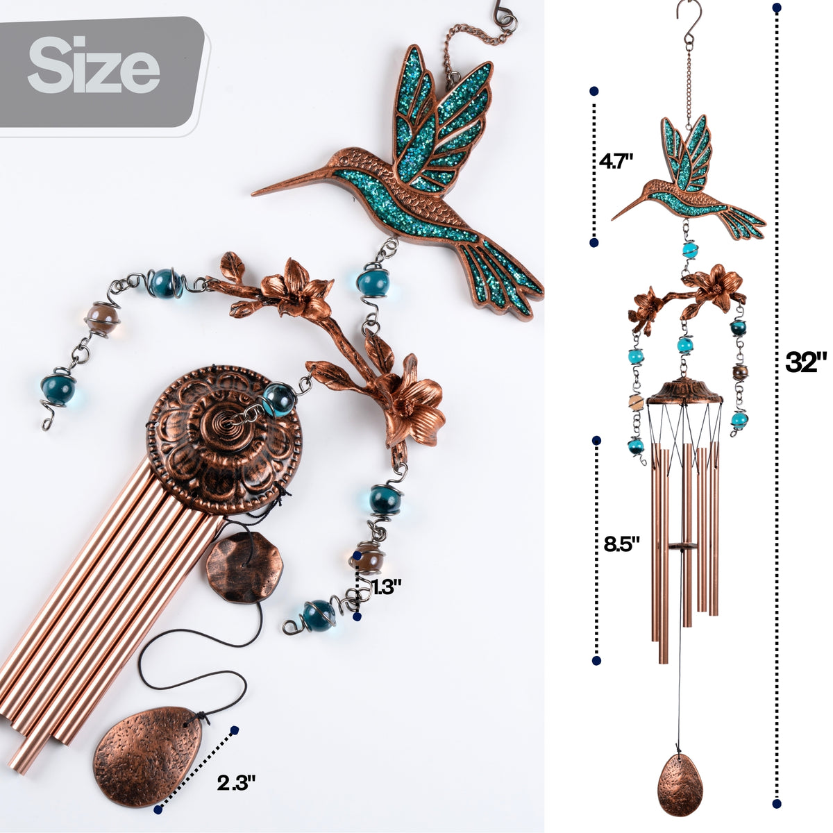 Hummingbird Wind Chimes for Outside | Bring Joy to Your Garden | Gift for Mom | 32" Outdoor Porch Patio Decor | Hummingbird Gifts for Women (Turquoise)