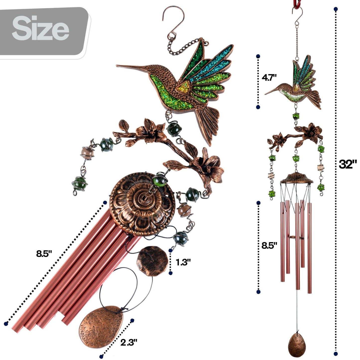 Hummingbird Wind Chimes for Outside | Bring Joy to Your Garden | Gift for Mom | 32" Outdoor Porch Patio Decor | Hummingbird Gifts for Women