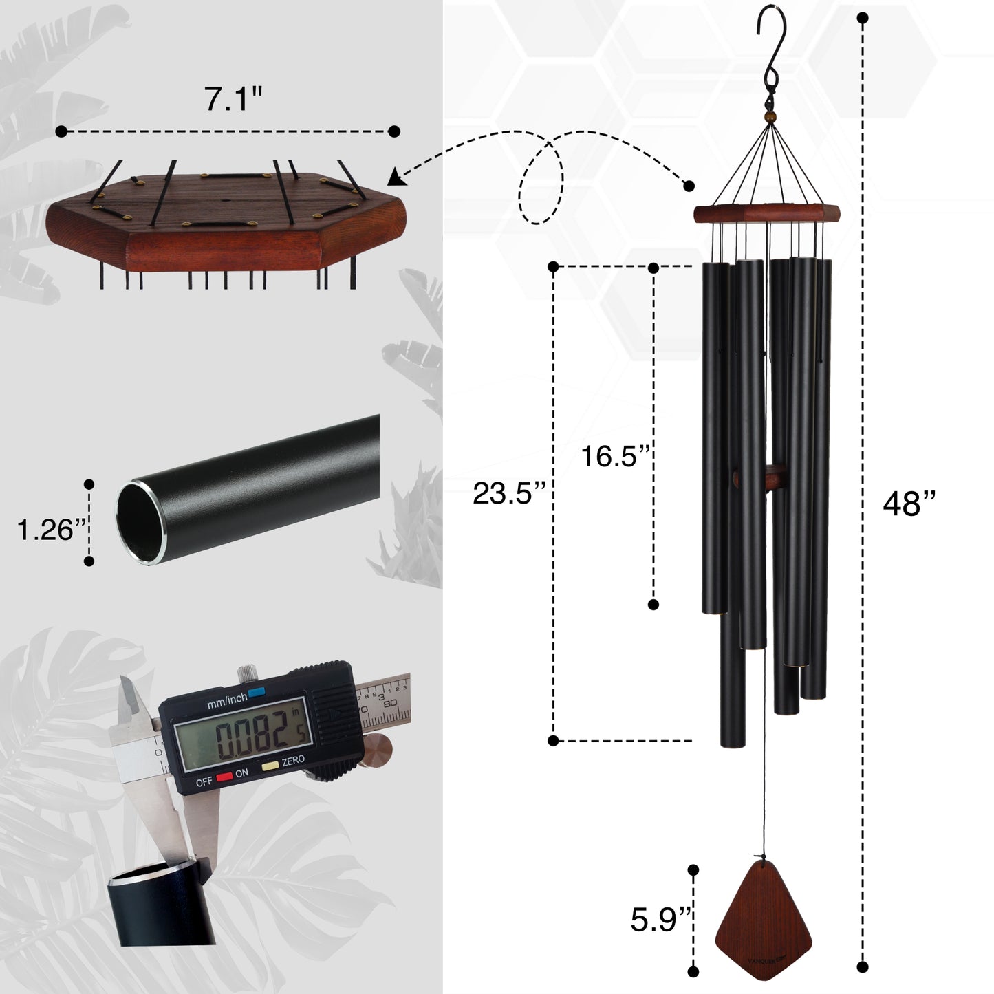 46'' Wind Chimes for Outside Deep Tone Pine Wood, Black