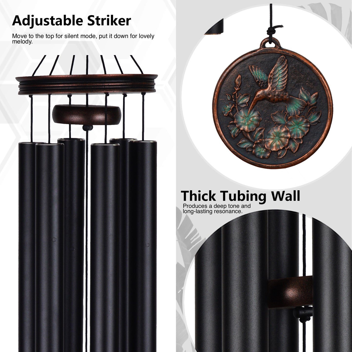 46“ Large Wind Chimes for Outside Deep Tone, Hummingbird Vintage Black