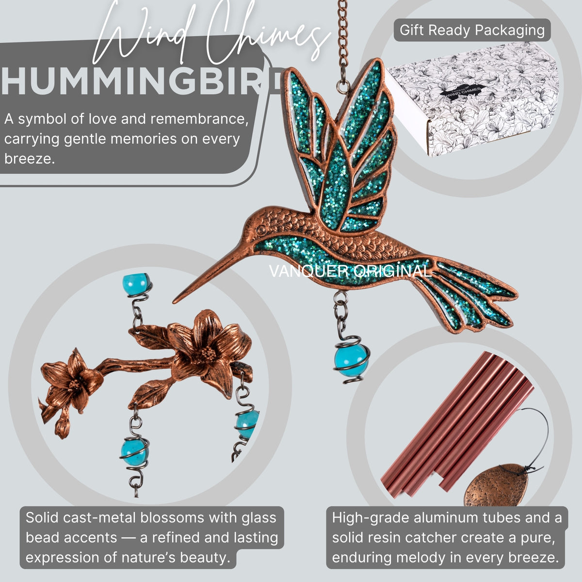 Hummingbird Wind Chimes for Outside | Bring Joy to Your Garden | Gift for Mom | 32" Outdoor Porch Patio Decor | Hummingbird Gifts for Women (Turquoise)