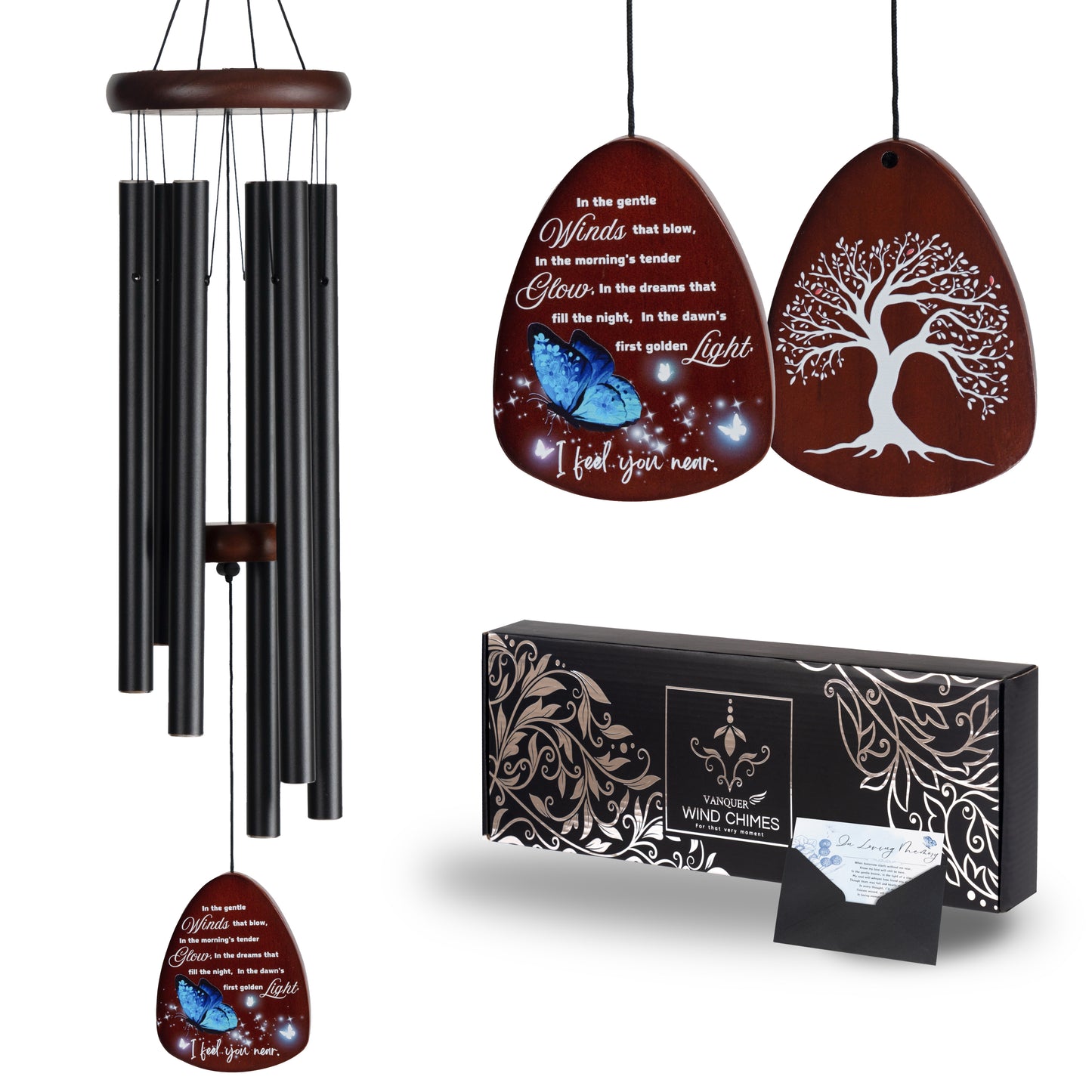 Memorial Wind Chimes for Loss of Loved One, Windchimes in Memory of a Loved One, Sympathy Gift Baskets, Bereavement Condolence Gifts, Memorial Gifts for Loss of Mom, 32" Sympathy Blue Butterfly, Black