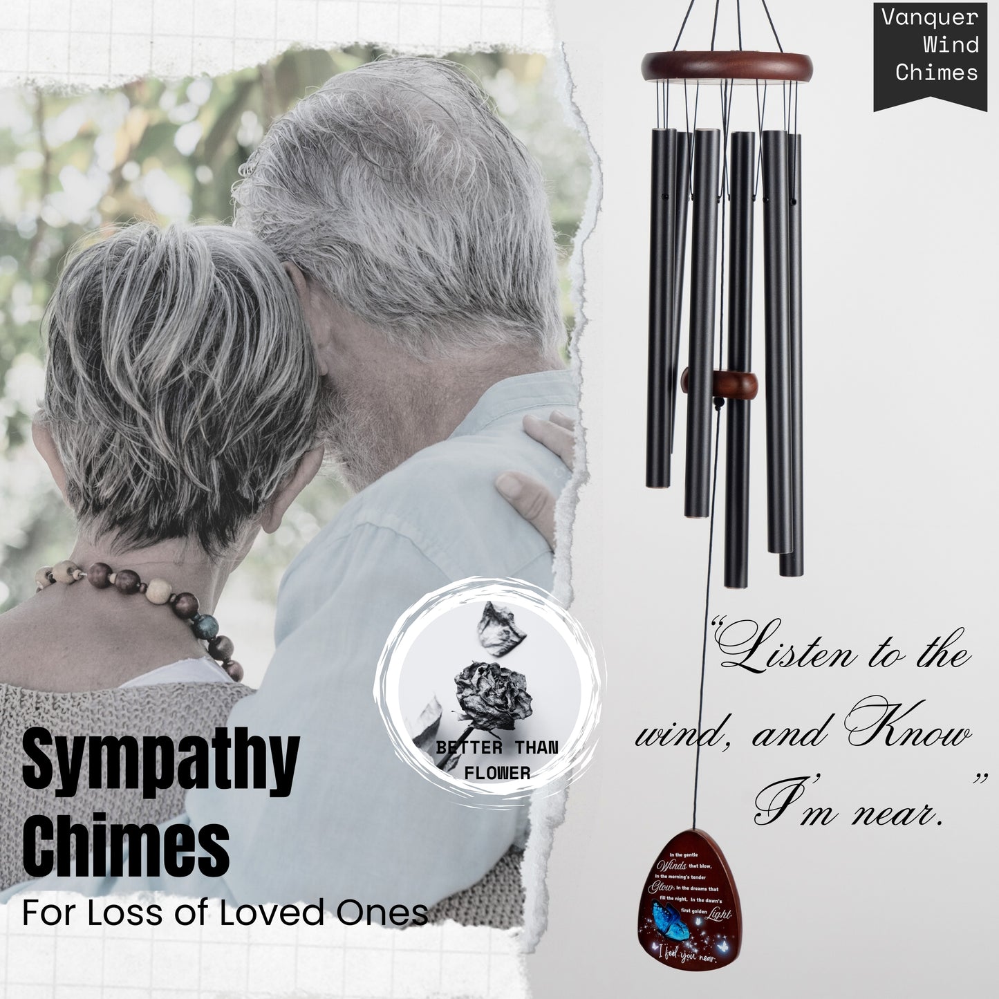 Memorial Wind Chimes for Loss of Loved One, Windchimes in Memory of a Loved One, Sympathy Gift Baskets, Bereavement Condolence Gifts, Memorial Gifts for Loss of Mom, 32" Sympathy Blue Butterfly, Black