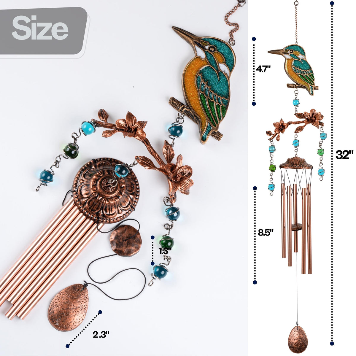 KingFisher Wind Chimes Gift for Mom | 32" Outdoor Porch Decor | Memorial Sympathy | Mother's Day Gift | Bird Lover Gift